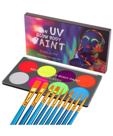 CCbeauty Neon UV Body Paint Black Light Body Paint Glow In The Dark Face Paint 8 Colors Water Activated Professional Face Painting Makeup Kit Non-Toxic With 10 Brushes For Adults Halloween Costumes