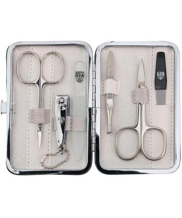 Three swords - germany 6 pcs.Manicureset 'Genova' |Nail care set in white synthetic leather case |Contents: nail scissors skin scissors nail clippers glass nail files tweezers sapphire nail files white / synthetic leather