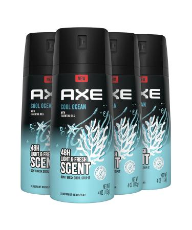 AXE Dual Action Body Spray Deodorant for Long Lasting Odor Protection Cool Ocean All Day Fresh Scent Mens Deodorant Formulated Without Aluminum 4 oz 4 count Aquatic 4 Ounce (Pack of 4)