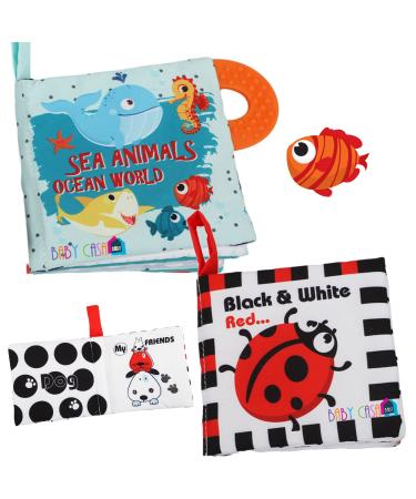 Baby Toys 0-6 Months Soft Cloth Crinkle Books for Babies Infants Toddlers Baby Books 6 to 12 Months Baby Items Gifts Shower High Contrast Soft Toys Teether Teething Toy Black White Fish Octopus Shark