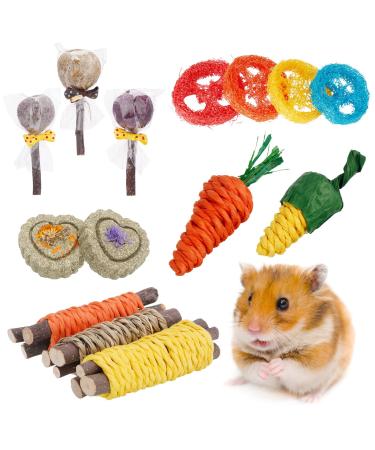 AKlamater Bunny Chew Toys for Teeth Rabbit Chew Toys 14Pcs Rabbit Toys Treats for Bunny Straw Cracker Loofah Wood for Rabbit Chinchilla Guinea Pig Hamster