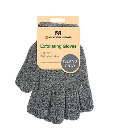Migliore Wear Exfoliating Gloves 2 SIZES Body Scrub Gloves Skin Exfoliator Shower Gloves Microfibre Bath Scrub with Hanging Loop(Island Gray-Regular) 1 Pair Heavy Island Grey