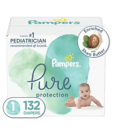 Diapers Size 1, 132 Count - Pampers Pure Protection Disposable Baby Diapers, Hypoallergenic and Unscented Protection, Enormous Pack (Packaging & Prints May Vary)