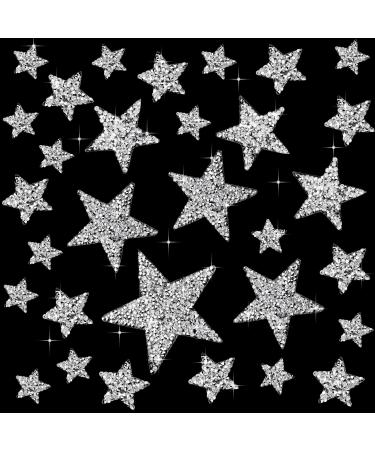 32 Pieces 5 Sizes Iron On Star Patches Adhesive Star Patches Star Shape Appliques Patch DIY for Clothing Jeans Repair Decoration (Rhinestone, Silver) Rhinestone Silver