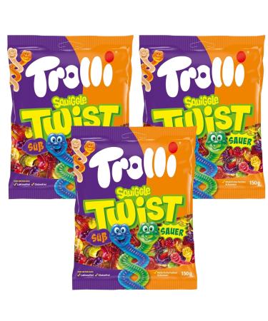 Trolli Squiggle Twist Worms Sweet & Sour Gummy Sweets Duo Sensation 3 Mixed Friuty Flavours 150g - 3x Share Bags