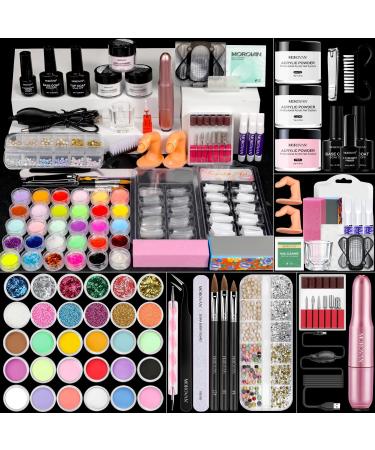 Morovan Acrylic Nail Kit with Drill - Professional Nail Kit Acrylic Set with Everything for Beginners Glitter Acrylic Powder for Nail Extension DIY Complete Starter Set Pink