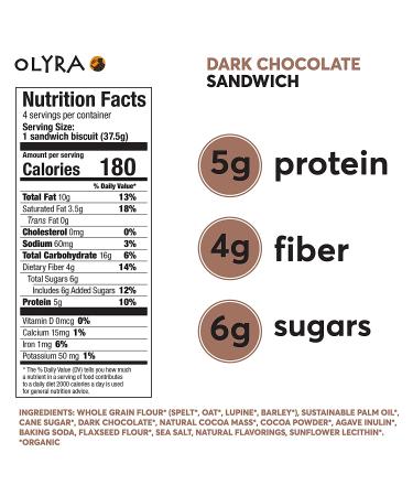 OLYRA Organic Dark Chocolate Creme Breakfast Sandwiches | Low-Sugar High Fiber Protein Vegan Snacks | Individually Wrapped Cookies | 6 Boxes of 4 Packs | 5.3 Ounce Pack - Buy Online on SooperMarket.com