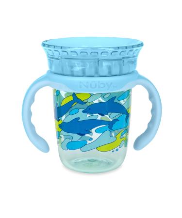 Nuby 360 Edge 2 Stage Drinking Rim Cup with Removable Handles & hygienic Cover: 8 Oz/ 240 Ml  12M+  Dolphins  Aqua (80818)