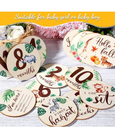 16-Piece Wooden Jungle Animal Baby Milestone Cards | Double-Sided Safari Monthly Markers for Newborn Photos | Baby Shower Photo Props - Buy Online on SooperMarket.com