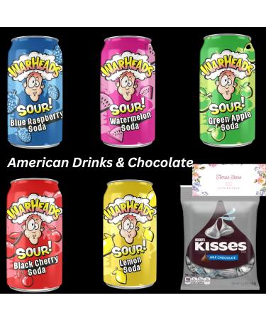 Temas American Drinks & Chocolates Bundle Gift Box Includes Warheads Sour Soda Cans 5 Variety Flavours 355ml & Hershey s Kisses Milk Chocolate - Buy Online on SooperMarket.com