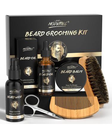 POP Modern.c Bartwuchs-Set Bart Care Set 6-Part Bartwaschshampoo Bart l Bartbalam Bartkamm brush scissors best gift for men for Valentine's Day Christmas Father's Day birthdays