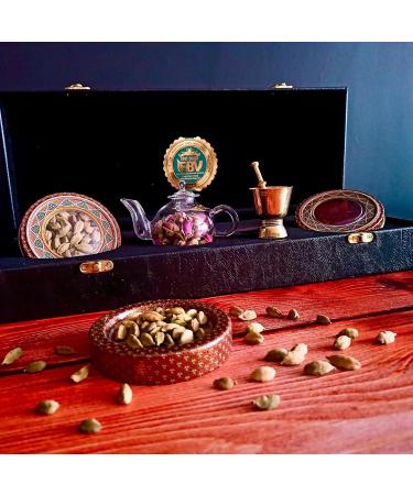 Luxurious Saffron Gift Box for Chefs: 9 Gr Grade A+ Organic Super Negin Coupe Saffron Threads Green Cardamom Rose Bud Tea Dried Saffron Teapot Small Brass Mortar and Pestle (Black Leather Box) - Buy Online on SooperMarket.com