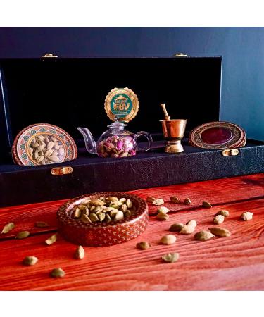 Luxurious Saffron Gift Box for Chefs: 5 Gr Grade A+ Organic Super Negin Coupe Saffron Threads Green Cardamom Rose Bud Tea Dried Saffron Teapot Small Brass Mortar and Pestle (Black Leather Box)