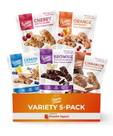 Peaceful Squirrel Variety, Cooper Street, 5-Pack, All Natural Twice Baked Crispy Cookies, Variety of 5 Flavors, Nut Free, Dairy Free, Soy Free, Low Sugar, Low Calorie, 5 Bags, 5 Ounce