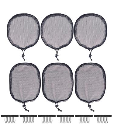 6 Pcs Black Weaving Net Cap Elastic Drawstring Ponytail Hair Net for Making Afro Puff Hair Bun Hair Wig Making Tools for Women (3 Pcs Round 3 Pcs Square)