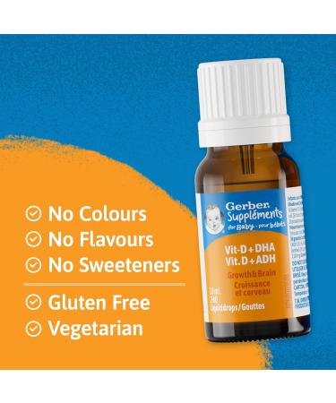 Gerber Supplements for Baby Vitamin D and DHA Drops 0-2 Years Supports Strong Bones Teeth & Normal Brain Function No Colours No Flavours No Sweeteners Gluten-Free Vegetarian - Buy Online on SooperMarket.com