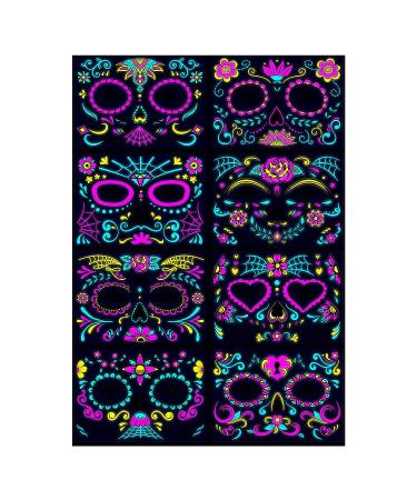 Beisto 8 Set Fluorescent Face Tattoo Stickers - Glow UV Neon Temporary Tattoos for Women - Halloween Christmas Festival Party Props - Buy Online on SooperMarket.com