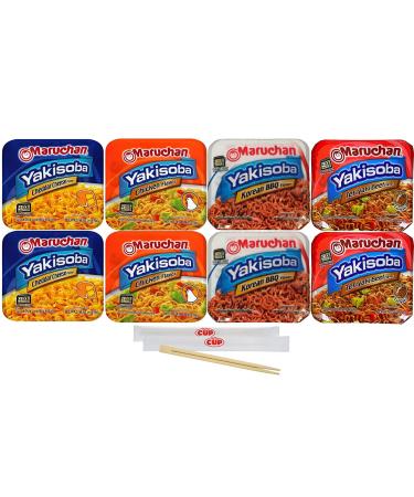 Maruchan Yakisoba Variety, 4 Different Flavors, Single Serving Home-style Japanese Noodles (Pack of 8) with By The Cup Chopsticks