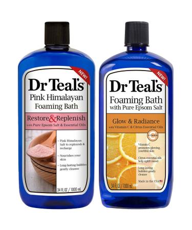 Dr Teal's Foaming Bath Combo Pack (68 fl oz Total), Restore & Replenish with Pink Himalayan, and Glow & Radiance with Vitamin C and Citrus Essential Oils