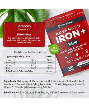 Iron Tablets High Strength | Iron Complex with Vitamin C Folic Acid & Vitamin B12 | Supplement for Men & Women | 180 Vegan Tablets | by Horbaach - Buy Online on SooperMarket.com