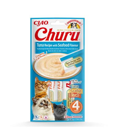 Inaba Churu Puree Katzensnacks - Cat paste to feed from the hand - Cat sticks with tuna & seafood - 4 sticks x 14 g tuna & seafood 4 pieces (1 Pack)