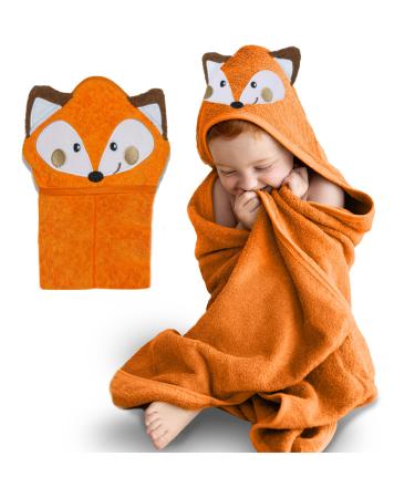 Mother's Choice Baby Towel With Hood - 100% Cotton Ultra Soft and Absorbent (75x75cm) Large Baby Bath Towel for Newborn and Infant Toddler Bath Towel for Boys and Girls 3D Fox Hooded Baby Towel Orange Fox