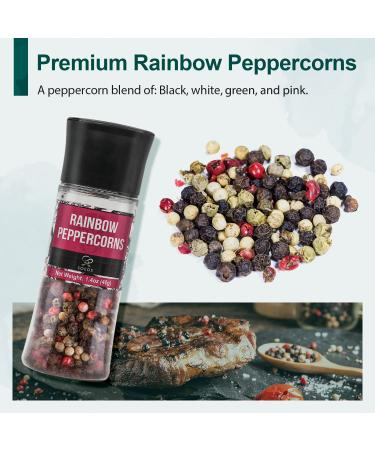 Soeos Salt and Pepper Grinder Set with Rainbow Peppercorns, Black Peppercorns, White Sea Salt, and Pink Salt - 9.8oz (277.82g) Total Spice - Plastic Bottle Grinder Included - Buy Online on SooperMarket.com