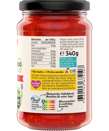 PPURA BIO Tomato Sauce for Kids - No Added Sugar 100% Natural Italian Made | Piece-Free Pasta Sauce | Donate a Portion | 340g Glass - Buy Online on SooperMarket.com