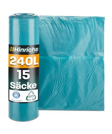 Hinrich's garbage bags 240l extra strong - 15 -roll - 100x125 cm - Extremely tearproof garbage bags - garbage bags made of recycling LDPE - blue sacks - waste bags for garden household & construction site (15 sacks)