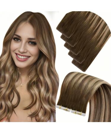 Laavoo real hair tape in extensions blond ombre brown hair extensions virgin real hair balayage dark brown injection tapes extensions real hair 60cm long 5pcs 12.5g #4/27/4 60cm virgin-5PCs 1.7 #4/27/4