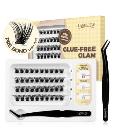 LASHVIEW Self Adhesive Lash Clusters Eyelashes Press-on Lashes 10-16mm Individual Lash Extension Kit with Lash Tweezers No Glue Needed Natural Self Adhesive DIY Eyelash Extension Kit (56D 40PC) Pre Glued-56D-40PC