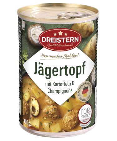 Three star hunting pot with potatoes and mushrooms |Delicious finished dish with meatballs in the practical recyclable canned