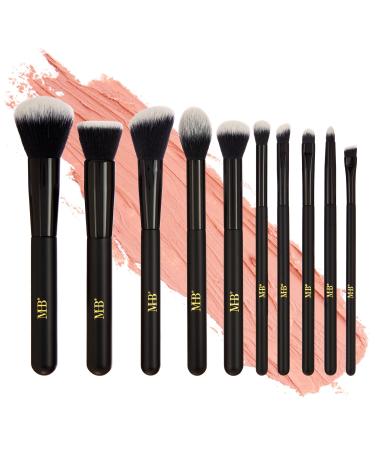 Expressions 10pc Pro Makeup Brush Set in Black - 10 Quality Soft Bristle Makeup Brushes For Everyday Use - Professional Makeup Brushes & Tools Black/Gold