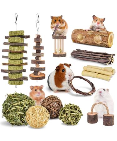 ERKOON New 12 Pack Hamster Chew Toys Gerbil Rat Guinea Pig Chinchilla Chew Toys Accessories, Natural Wooden Dumbbells Exercise Bell Roller Teeth Care Molar Toy for Rabbits Bird Rabbits Hamster Gerbil