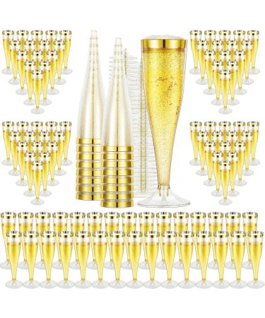 CHENGU 100 Pcs Plastic Champagne Flutes Cups 5oz Glitter Powder Disposable Champagne Glasses Wedding Wine Glasses Mimosa Bar Supplies Party Toasting Glasses Champagne Shot Glasses (Gold Glitter)