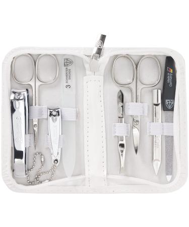 Three swords - 8 pcs.Manicure set 'Roma' |High quality nail care set in white synthetic leather etui |Contents: nail scissors set foot and nail clippers tweezers glass nail files sapphire nail file white / synthetic leather