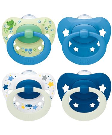 Nuk Signature Day & Night Baby Casing |6-18 months |Calms 95 % of the babies |BPA-free silicone pacifier in heart shape |Lights up in the dark |Stars |4 pieces of blue 6-18m