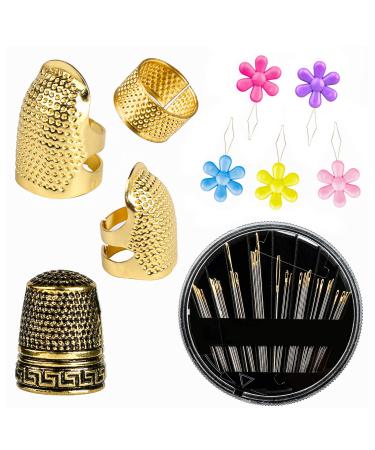 4 Pcs Sewing Thimble + 30 Pcs Sewing Needles  Finger Protector Fingertip Thimble Adjustable Metal Bronze Sewing Thimble Rings and Leather Coin Thimble for Needlework  Hand Embroidery Craft 39Pcs