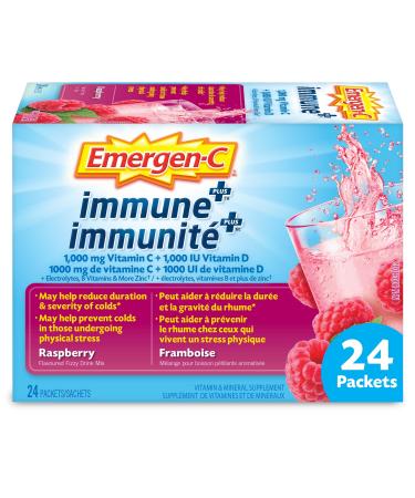 Emergen-C Immune+ 1000mg Vitamin C Powder Supplement Drink Mix Immune System Booster Rasberry 24 Packets Raspberry 24 Count (Pack of 1)