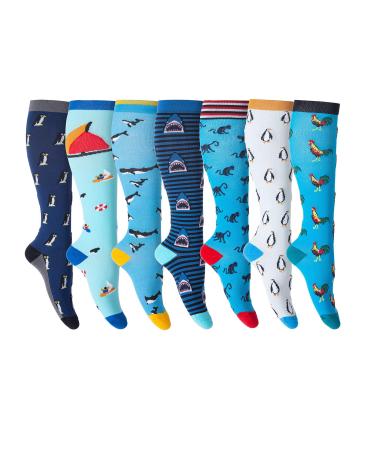 Leostep compression stockings for women and men (7 pairs) support stockings with 20-30 mmHg compression socks for pregnancy nurses teachers flight running travel L-XL underwater world
