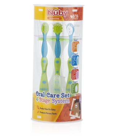 Nuby 4-Stage Oral Care Set - Silicone Finger Massager, 2 Massaging Brushes, Toddler Toothbrush - Green/Aqua 4 Piece Set - Buy Online on SooperMarket.com