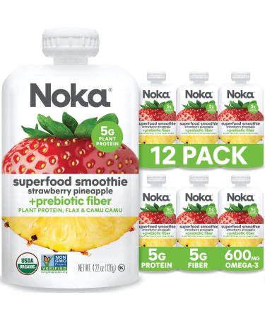 Noka Superfood Fruit Smoothie Pouches, Healthy Snacks (Strawberry Pineapple) Pack of 12, Vegan, Gluten-Free, with Flax Seed, Prebiotic Fiber & Plant Protein, Organic Squeeze Pouch 4.22oz Each 4.22 Ounce (Pack of 12)