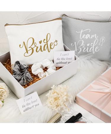 Bride Gift Set - 24 Pieces Bachelorette Proposal, Makeup Bags, Hair Scrunchies, Satin Hair Ties, Wedding Cards - Silver & Gold Theme - Buy Online on SooperMarket.com