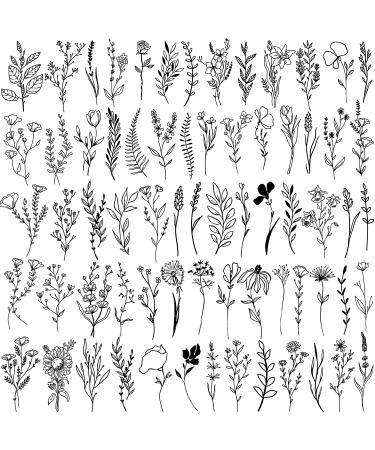 Cerlaza 75 Styles Tiny Black Flower Branch Temporary Tattoos For Women Girls 16 Sheets Realistic Wild Flower Floral Bouquet Small Fake Tattoo  Wild Plant Tattoo Stickers for Adults Women Face Hands Legs Body Sticker
