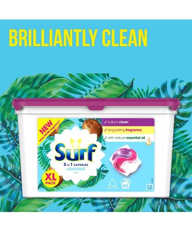 Surf 3-in-1 Washing Detergent Capsules Coconut Bliss Long Lasting Fragrance and Made with Natural Essential Oil Laundry Detergent XL Pack 45 Washes (Pack of 2) - Buy Online on SooperMarket.com