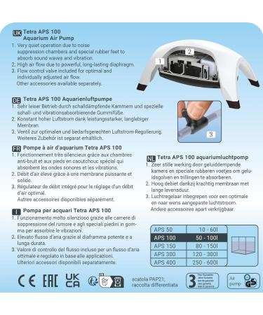 Tetra APS 100 Aquarium Air Pump - Quiet Diaphragm Pump for 50-100L Aquariums - International Shipping Available - Buy Online on SooperMarket.com