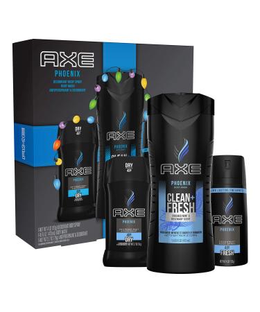 AXE Phoenix Holiday Gift Set With Body Spray, Antiperspirant & Deodorant Stick and Body Wash for Grooming 3 count