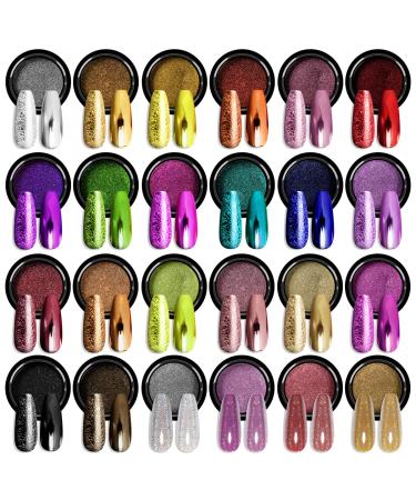 24Pcs Saviland Chrome Nail Powder Set - Metallic Mirror Effect Holographic Nail Powder Silver Red Green Gold Nail Chrome Powder for Nails Art Decoration 24 Jars Chrome Powder Set