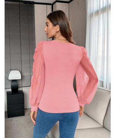 Fayenne Womens Tops Deep V Neck Cross Wrap Sexy Tops Polka Dot Mesh Long Sleeve T Shirt Casual Blouses S Deep Pink - Buy Online on SooperMarket.com