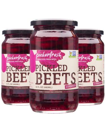Pickerfresh Pickled Beets, 16 Oz, Pack of 3, 100% Natural and Certificated Crinkle Cut Sliced Beetroot, No Artificial Color, and No Preservatives, Non-GMO, Gluten Free, Kosher, Ready to Eat 16 Fl Oz (Pack of 3)